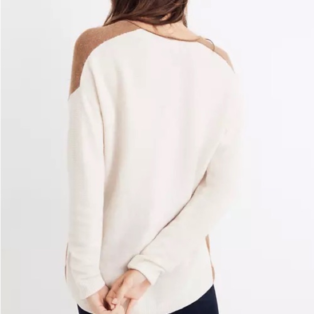 MADEWELL Oversized Colorblock Cream and Tan Merino Kimball Pullover Sweater, XS - Picture 4 of 13